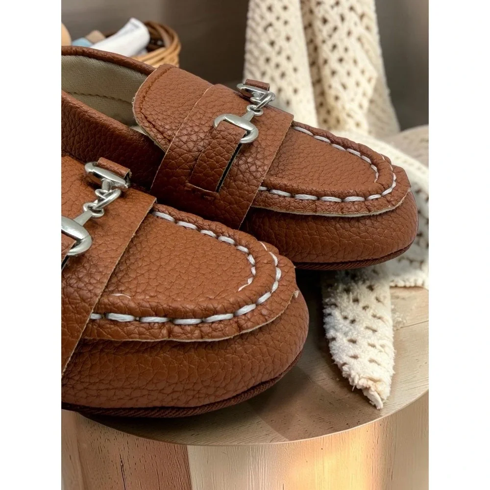 Lucky Brand Infant Boys Brown Pebbled Horsebit Loafers Crib Shoes Size 3